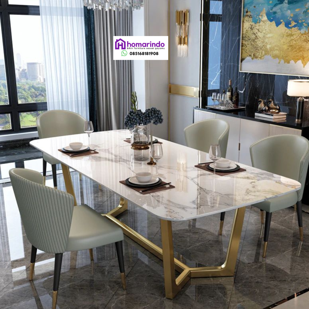 Meja Makan Stainless Steel Kombinasi Marmer Homarindo