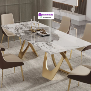 Meja Makan Stainless Steel Marmer Mewah Kaki Gold Homarindo untuk Ruang Makan Modern