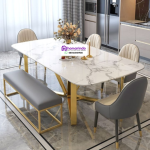 Meja Makan Stainless Steel Kaki Gold Mewah Kombinasi Top Table Marmer Putih Modern