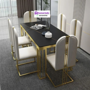 Meja Makan Stainless Mewah Kaki Gold Top Table Hitam Elegan