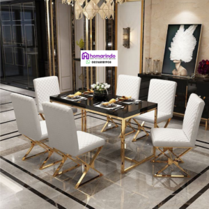 Meja Makan Stainless Gold Mewah Kombinasi Kursi Kulit Putih Elegan