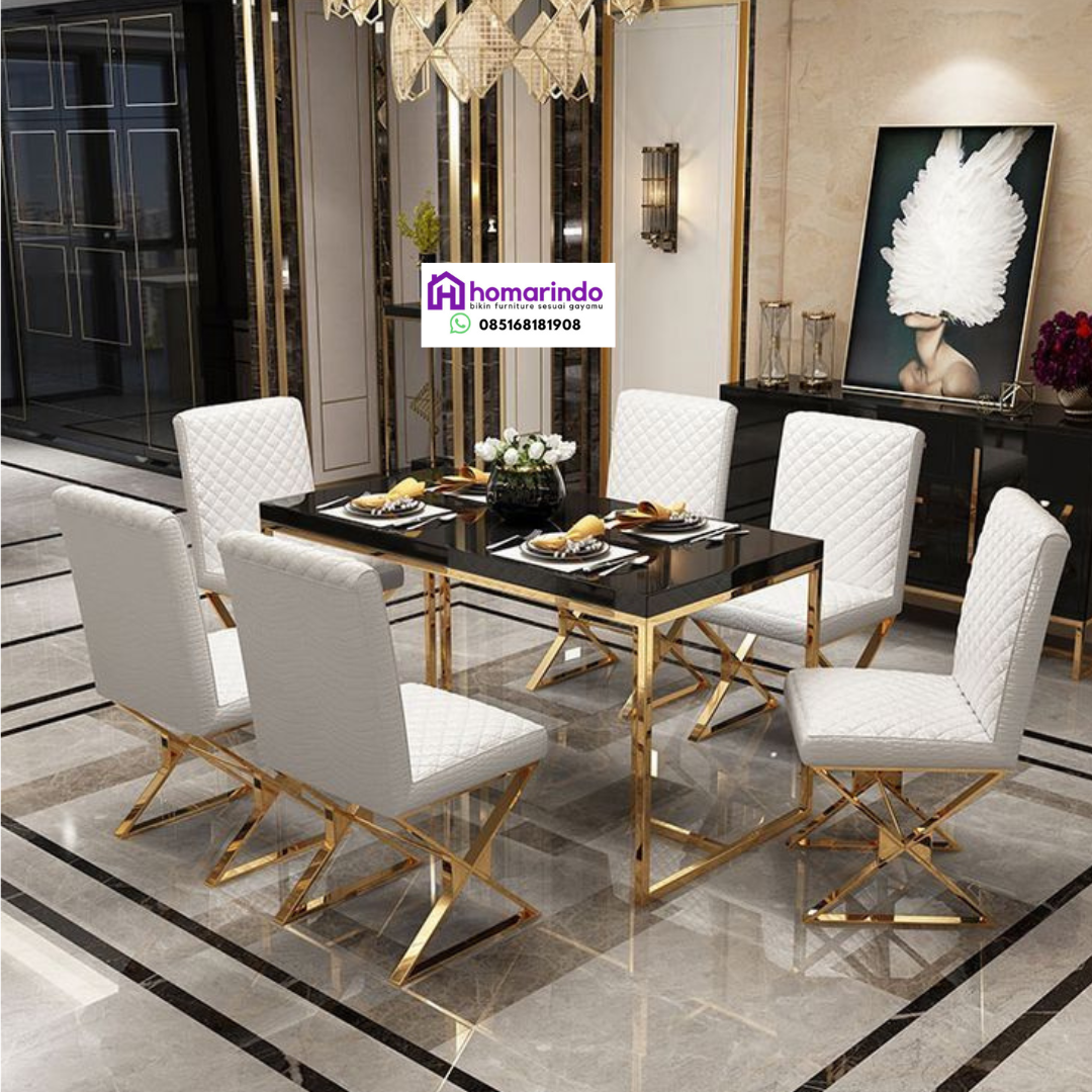 Meja Makan Stainless Gold Mewah Kombinasi Kursi Kulit Putih Elegan