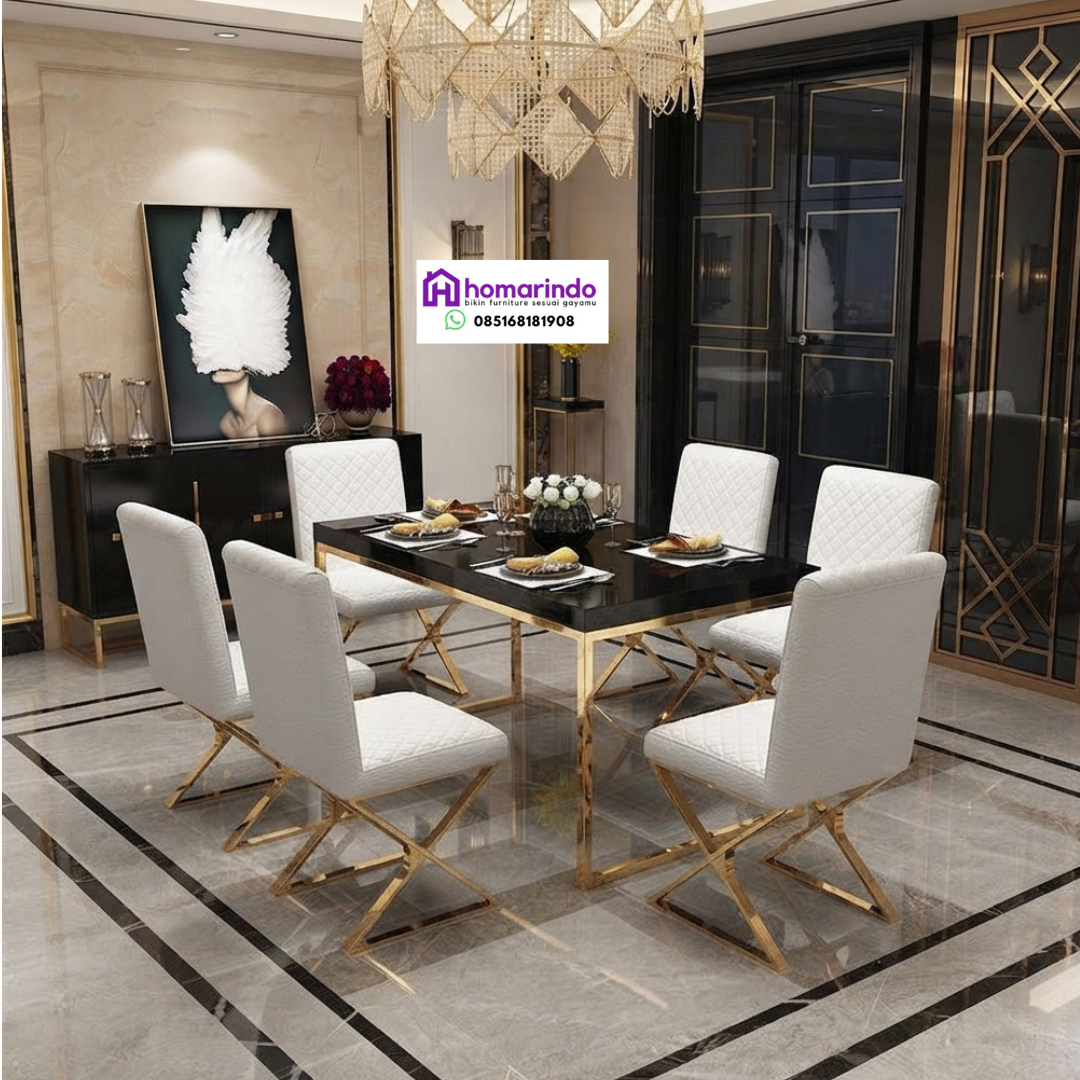 Meja Makan Stainless Gold Mewah Kombinasi Kursi Kulit Putih Elegan Meja Makan Stainless Gold Mewah Kombinasi Kursi Kulit Putih Elegan