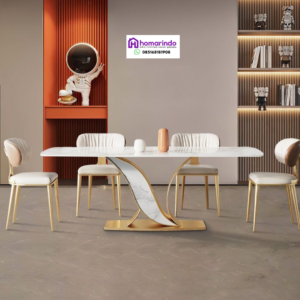 Meja Makan Stainless Mewah Kaki Silang Desain Modern Kombinasi Marmer