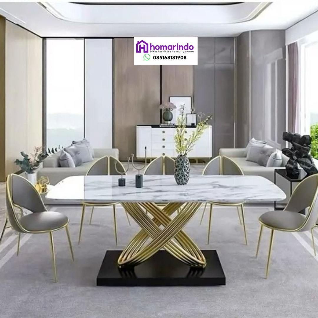 Meja Makan Stainless Mewah Kaki Silang Modern
