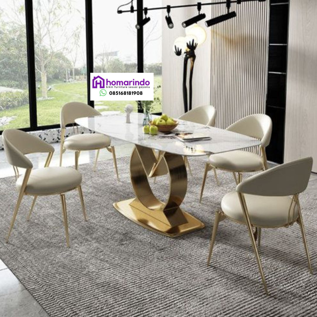 Meja Makan Stainless Mewah Kaki Gold Top Marmer Meja Makan Stainless Mewah Kaki Gold Top Marmer