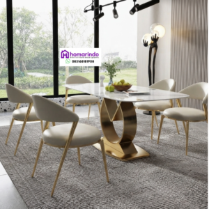 Meja Makan Stainless Mewah Kaki Gold Top Marmer