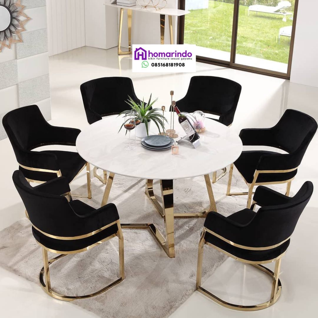 Meja Makan Stainless Bulat Mewah Kombinasi Marmer dan Kursi Velvet Hitam Meja Makan Stainless Bulat Mewah Kombinasi Marmer dan Kursi Velvet Hitam