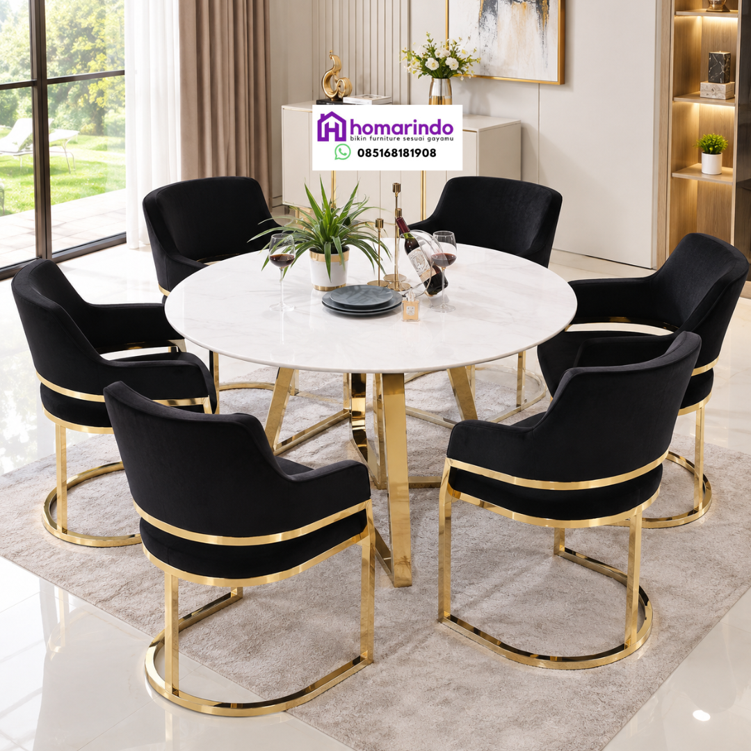 Meja Makan Stainless Bulat Mewah Kombinasi Marmer dan Kursi Velvet Hitam