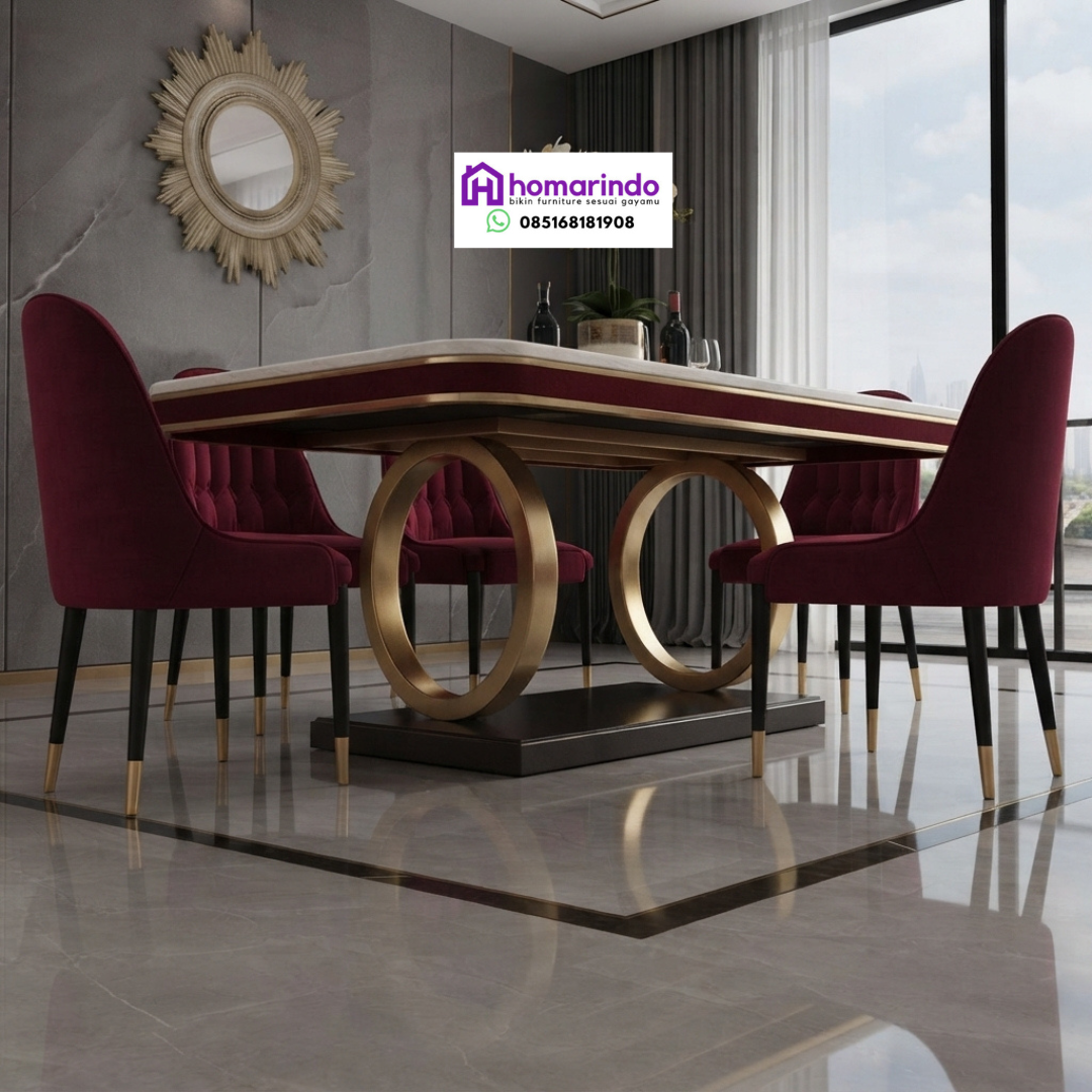 Meja Makan Stainless Mewah Kaki Gold Kombinasi Marmer Putih