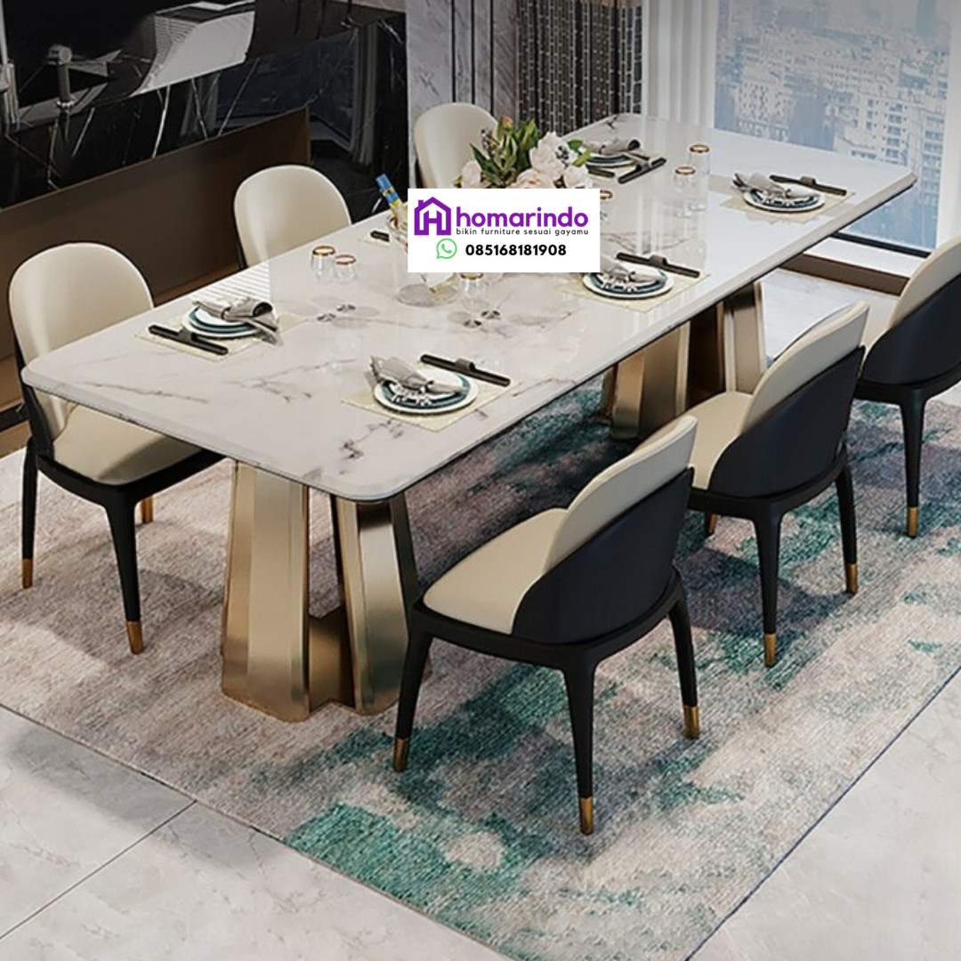 Meja Makan Stainless Mewah Kaki Gold Top Table Marmer Modern