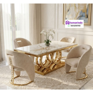 Meja Makan Stainless Steel Mewah Model Kaki Cincin Emas dengan Top Table Marmer