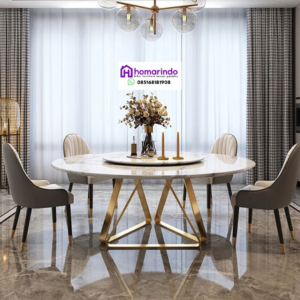 Meja Makan Stainless Bundar Mewah Kaki Gold Top Table Marmer