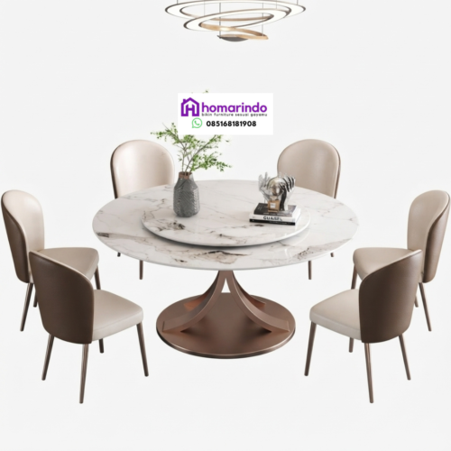 Meja Makan Stainless Bundar Mewah V-Curve dengan Piring Putar Marmer Eksklusif Meja Makan Stainless Bundar Mewah V-Curve dengan Piring Putar Marmer Eksklusif
