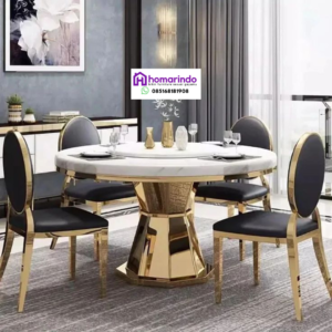 Meja Makan Stainless Bulat Mewah Kombinasi Marmer dan Kaki Gold Elegance
