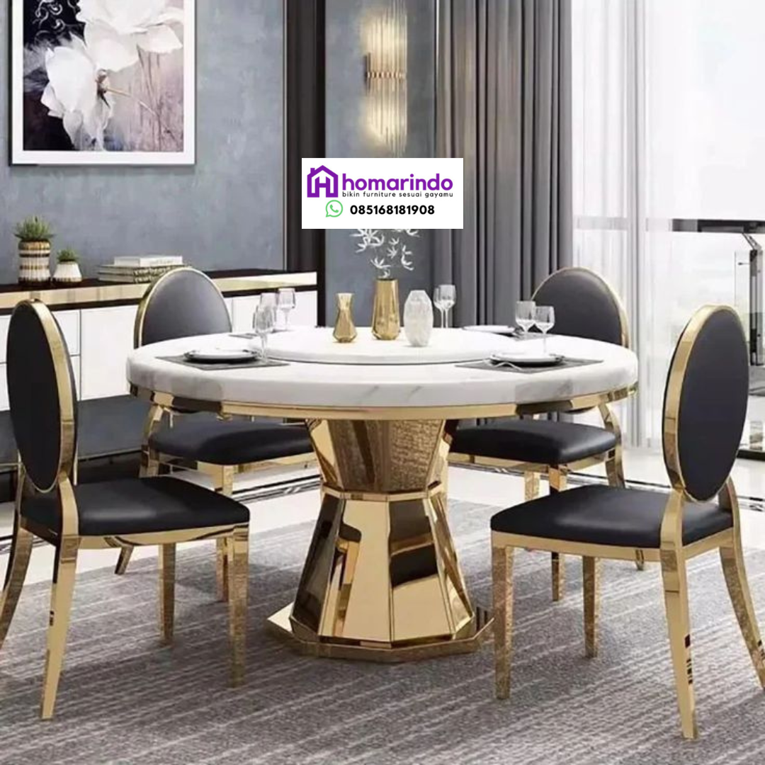 Meja Makan Stainless Bulat Mewah Kombinasi Marmer dan Kaki Gold Elegance