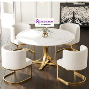 Meja Makan Stainless Bundar Minimalist Kaki Gold Kombinasi Marmer