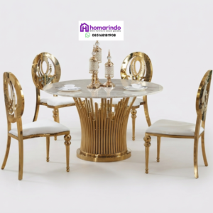 Meja Makan Stainless Steel Bundar Mewah dengan Kaki Desain Batang Padi dan Kursi Glamour Gold