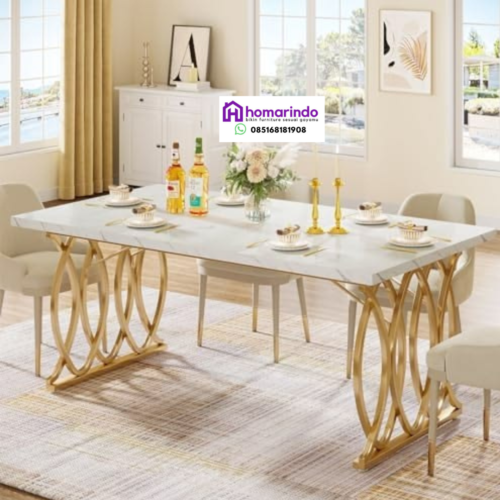 Meja Makan Stainless Steel Mewah Kaki Gold Motif Marmer