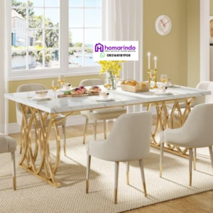 Meja Makan Stainless Steel Mewah Kaki Gold Motif Marmer