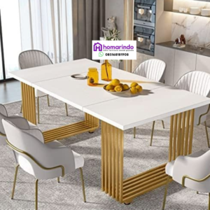 Meja Makan Stainless Kaki Gold Modern Minimalist 6 Kursi