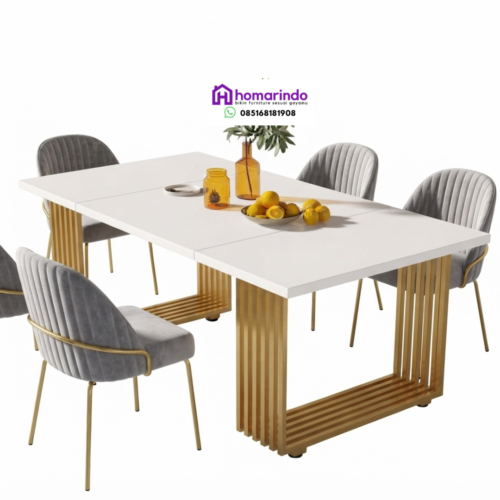 Meja Makan Stainless Kaki Gold Modern Minimalist 6 Kursi