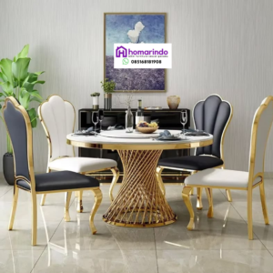 Meja Makan Stainless Bundar Kaki Spiral Gold Modern