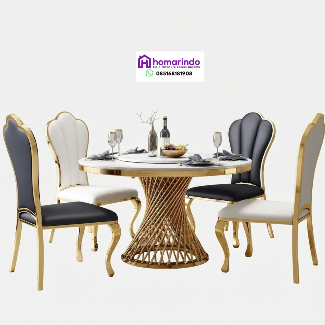 Meja Makan Stainless Bundar Kaki Spiral Gold Modern Meja Makan Stainless Bundar Kaki Spiral Gold Modern