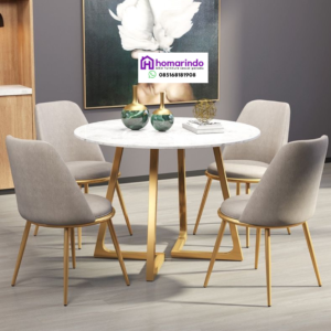 Meja Makan Stainless Bundar Minimalist Kaki Gold Elegan