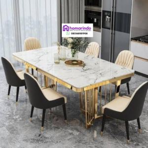 Meja Makan Stainless Steel Kaki Gold Marmer Mewah