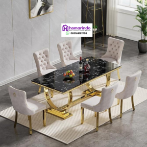 Meja Makan Stainless Steel Kaki Gold Marmer Hitam
