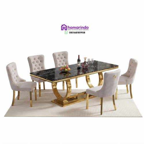 Meja Makan Stainless Steel Kaki Gold Marmer Hitam Meja Makan Stainless Steel Kaki Gold Marmer Hitam