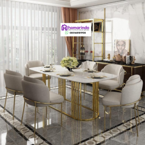 Meja Makan Stainless Steel Mewah Kaki Gold Kombinasi Marmer Putih