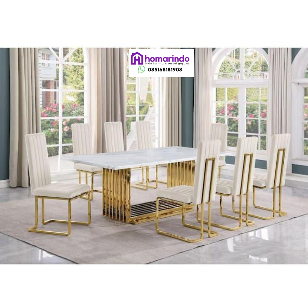Meja Makan Stainless Steel Mewah Kaki Gold
