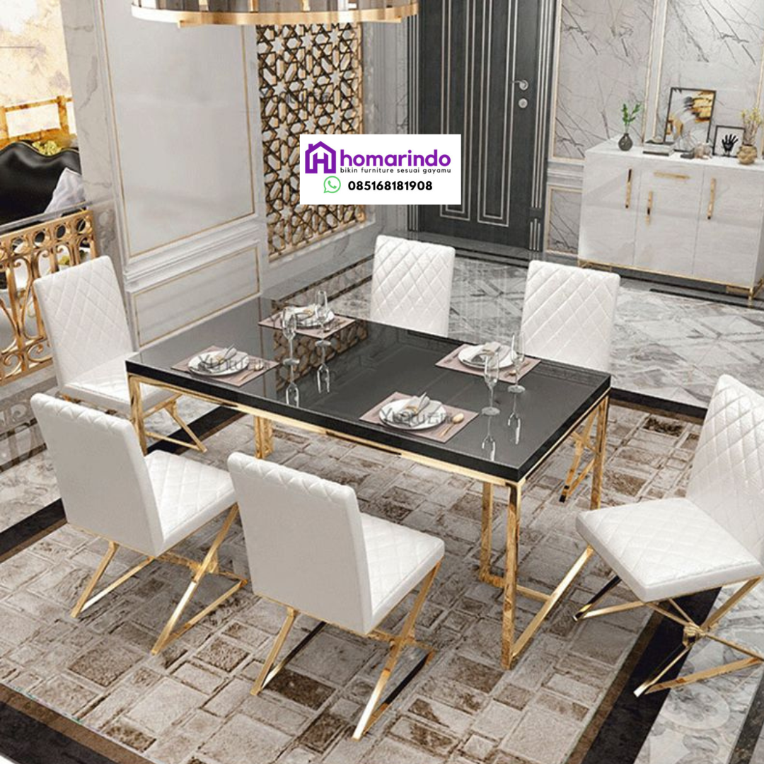 Meja Makan Stainless Mewah Kaki Gold Top Table Kaca Hitam