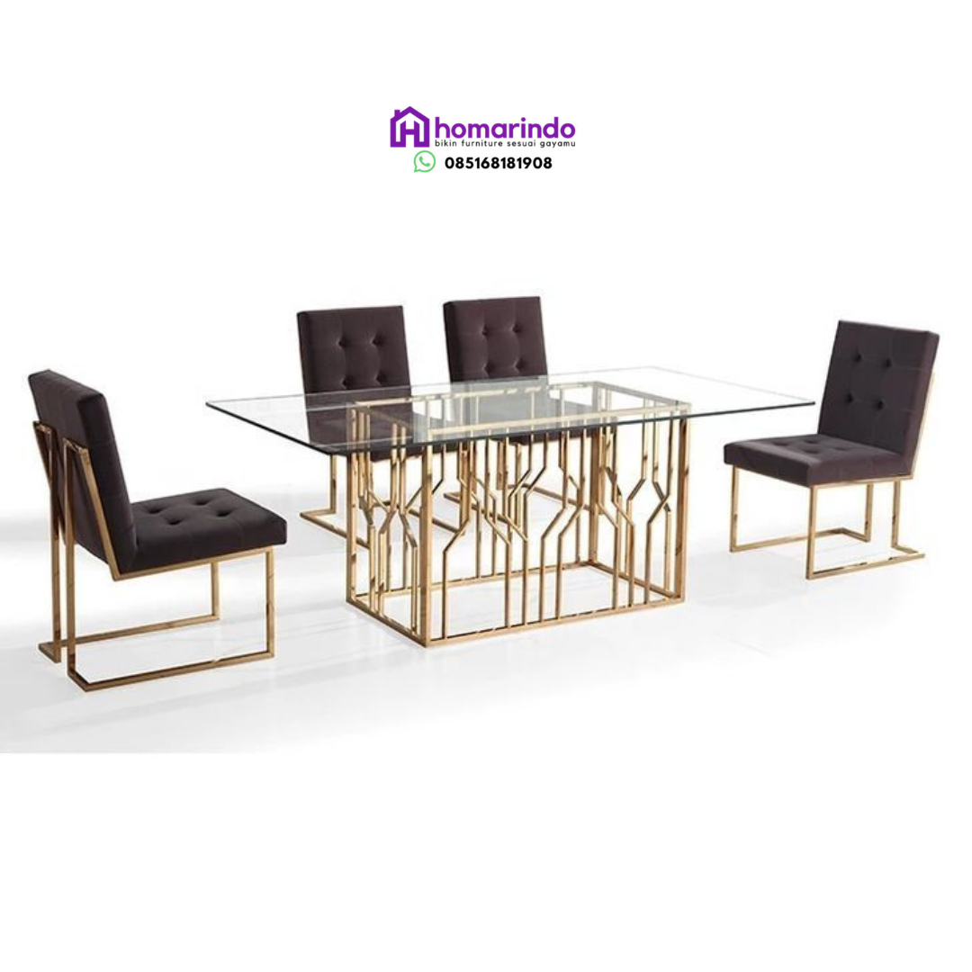 Meja Makan Stainless Steel Mewah Desain Geometris Gold dengan Top Kaca Transparan