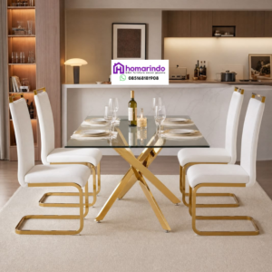 Meja Makan Stainless Gold Kaki Silang Mewah