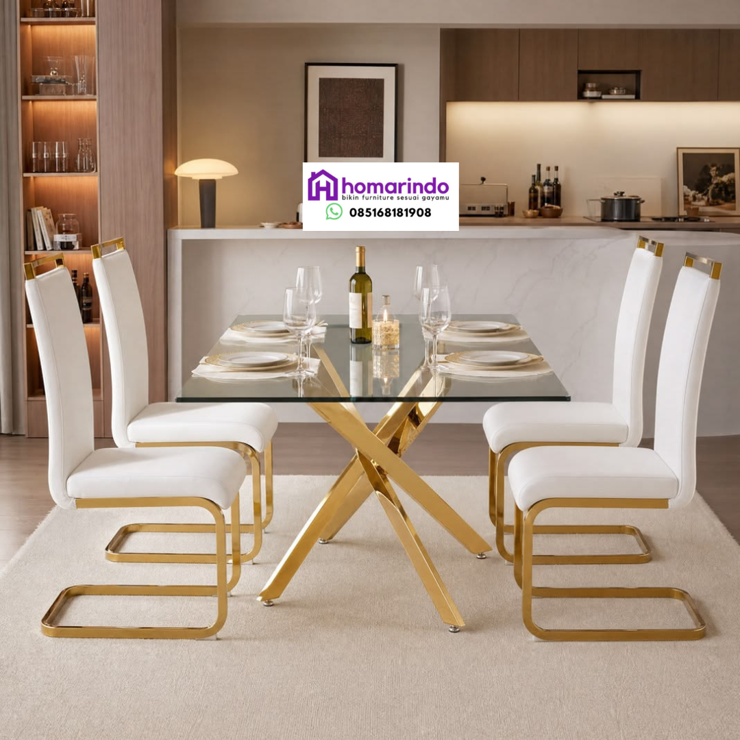 Meja Makan Stainless Gold Kaki Silang Mewah