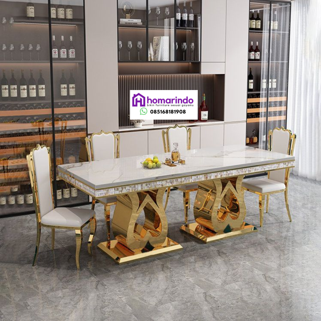 Meja Makan Stainless Steel Mewah Kombinasi Marmer dan Desain Kaki Artifisial