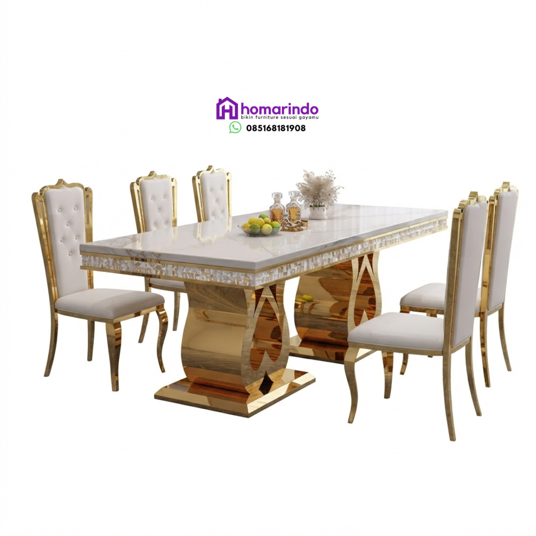 Meja Makan Stainless Steel Mewah Kombinasi Marmer dan Desain Kaki Artifisial Meja Makan Stainless Steel Mewah Kombinasi Marmer dan Desain Kaki Artifisial