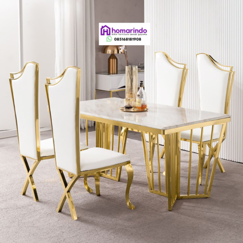 Meja Makan Stainless Steel Mewah Kombinasi Marmer Putih
