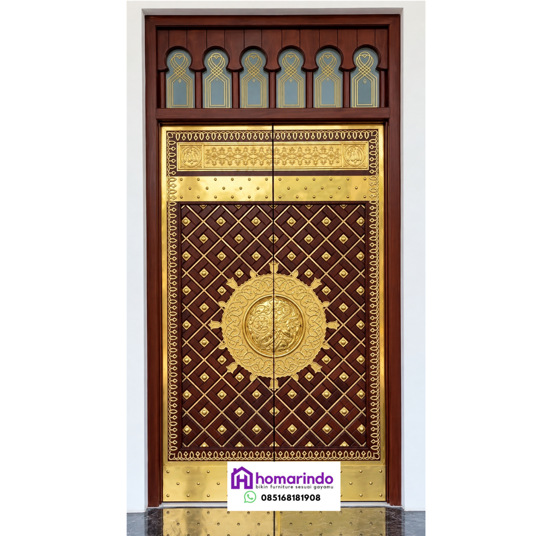 Pintu Nabawi Kayu Jati Kombinasi Kuningan Ukir Relief