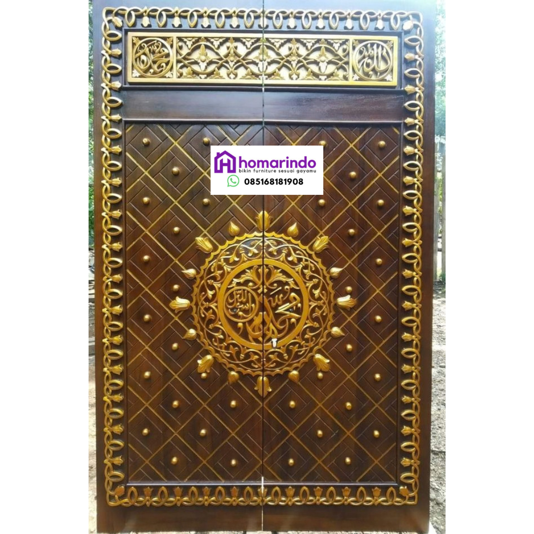 Pintu Nabawi Kayu Jati Mewah Ornamen Kuningan Khas Masjid Nabawi