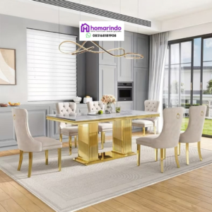 Meja Makan Stainless Steel Kaki Gold Marmer Mewah