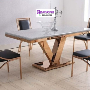 Meja Makan Stainless Steel Mewah Kaki V Gold