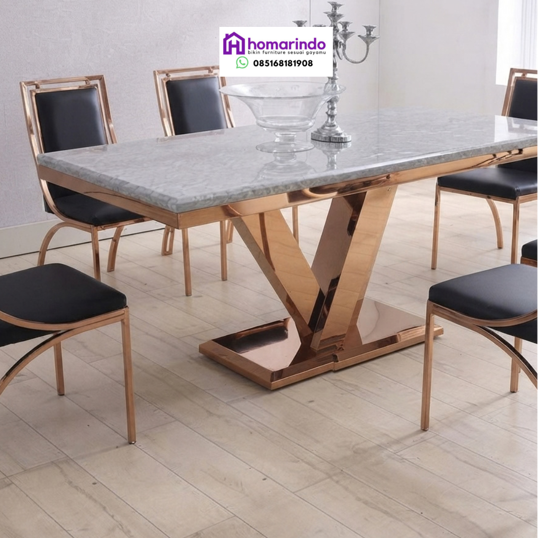 Meja Makan Stainless Steel Mewah Kaki V Gold Meja Makan Stainless Steel Mewah Kaki V Gold