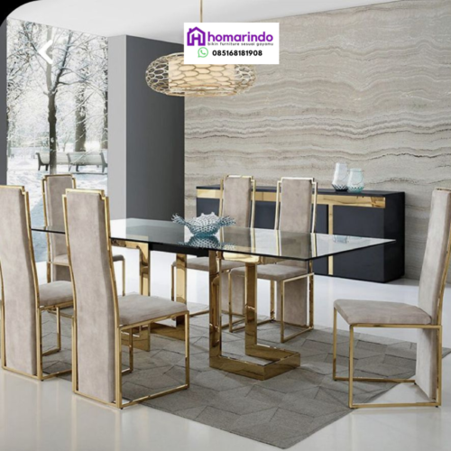 Meja Makan Stainless Kaca Gold Mewah 6 Kursi Modern Meja Makan Stainless Kaca Gold Mewah 6 Kursi Modern