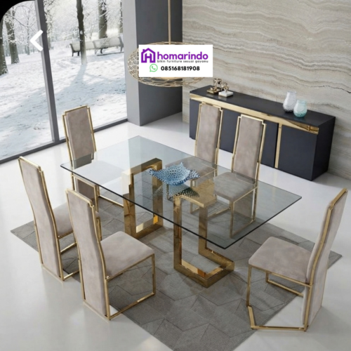 Meja Makan Stainless Kaca Gold Mewah 6 Kursi Modern Meja Makan Stainless Kaca Gold Mewah 6 Kursi Modern