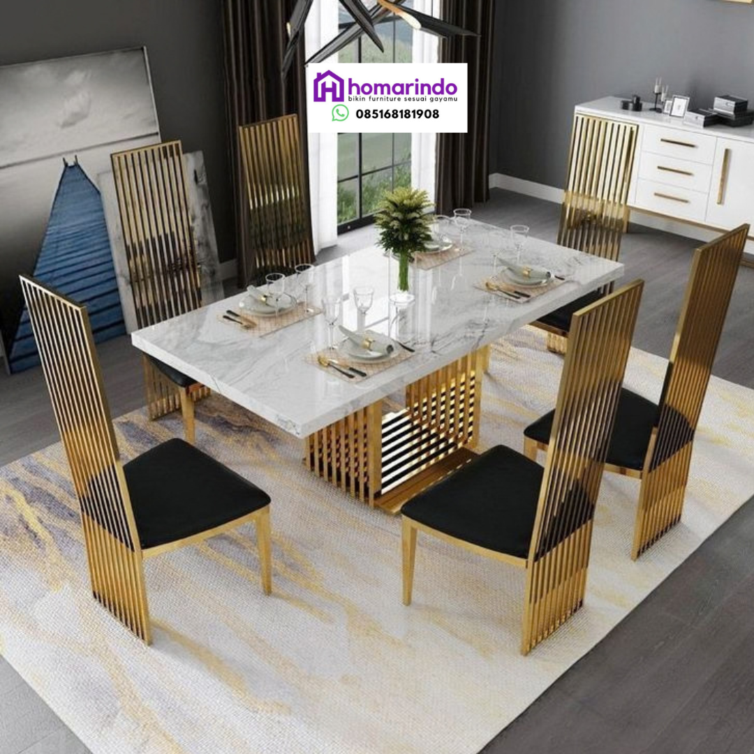 Meja Makan Stainless Steel Kaki Gold Marmer Putih Meja Makan Stainless Steel Kaki Gold Marmer Putih