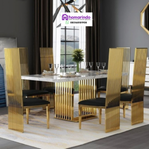 Meja Makan Stainless Steel Kaki Gold Marmer Putih